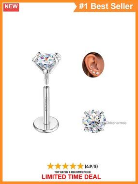 Moissanite Flat Back Titanium Stud Earrings Screw Back Piercing Jewelry